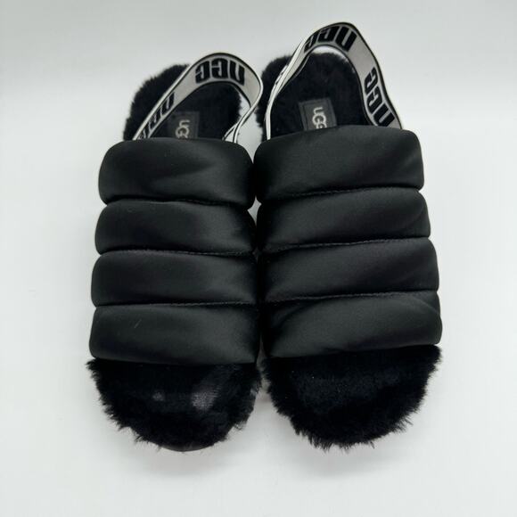 UGG Puff Yeah Slingback Wedge Slide Sandal Lounge Slipper Fuzzy Satin Black Sz 7 - Picture 5 of 12